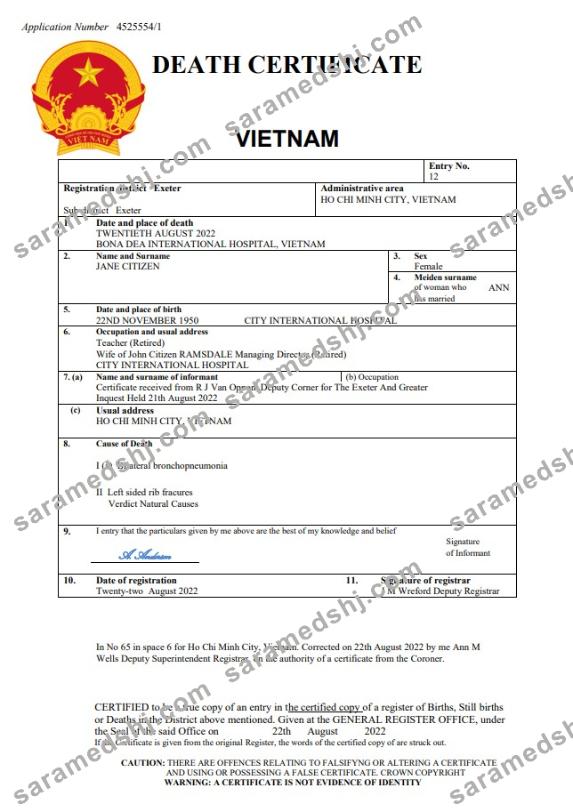 Vietnam vital record death certificate Word and PDF template